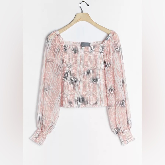 Anthropologie Tops - Anthropologie - Rouen Coral Watercolor Abstract Smocked Square Neck Blouse Med